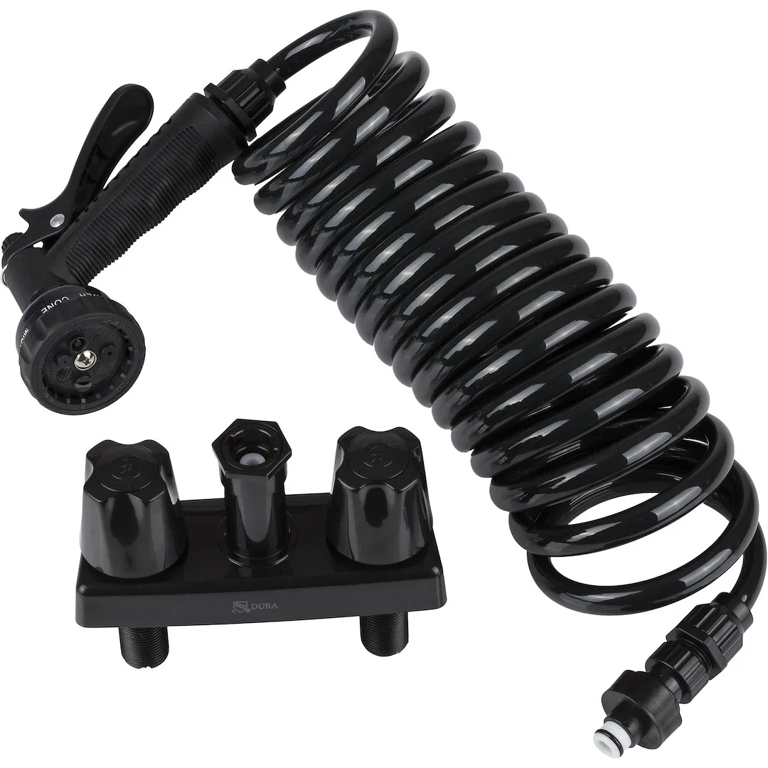 DF-SA186-BK – DURA FAUCET Exterior Spray Port, Faucet Type With Quick Connect Valve With 15 Inch Coil Hose 2 Knob Han...